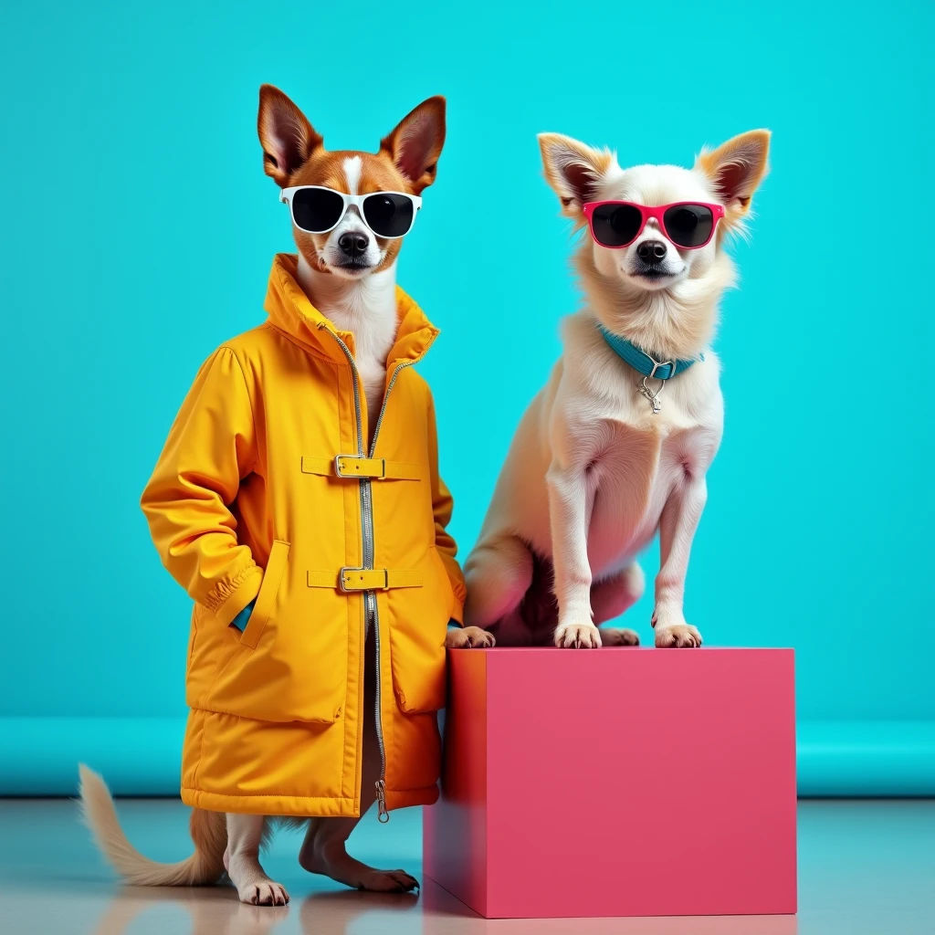 The best cell phone wallpaper, Award-Winning Wallpaper, portrait photography, In the front view is a portrait of a cute dog wearing mid-1960s space age fashion, Side view photo, Shot with Canon EOS R5, Set a strong contrast that accentuates the subject, Fluorescent blue tone, Wearing a very modern coat and sunglasses is a modern 1960s style, Clothes all in one color, beautiful background