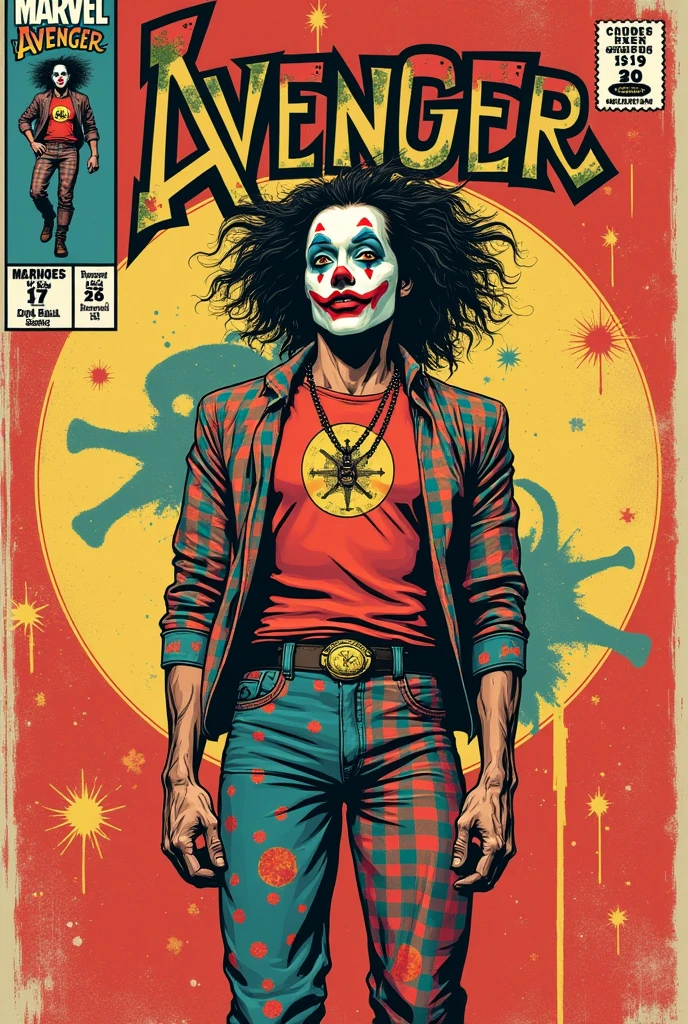 Old style marvel comic book cover ,with a character with joker pants, deadpool shirt, face with clown makeup, with title of avenger