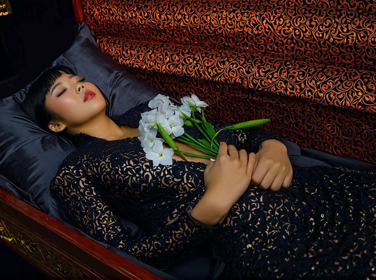 In a striking 8K HDR scene, a stunning Korean woman, 22 years old, lies peacefully in a coffin and coffin cover surrounded by plush pillows behind head. The deep box is set against a rich black background, accentuating the beauty of the subject. Her exquisite deep-V neckline kebaya attire is embroidered with superb detail, showcasing her round and firm breasts, perfect cleavage, and beautiful eyebrows. Her closed eyes and mouth give an air of serenity, while her visible and absolute cleavage leave nothing to imagination. The scene is bathed in saturated colors, highlighting every intricate aspect from the ball skirt to her clean face, straight body, detailed hand perfect hands, straight body, own hands together, own hand on stomach, detailed hands, perfect hands, holding the flowers, waring high heels
