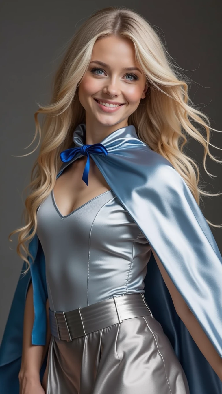 (RAW photo, best quality, masterpiece, ultra-detailed, high res), (realistic),(extremely delicate and beautiful:1), mesmerizing woman with long blonde hair in sleek high ponytail , (((wearing glossy silver cloak fastened at the neck :1.20))), crop top and hotpants , detailed features, smiling expression of feelings, imaginative, highly detailed, extremely high-resolution details, photographic, realism pushed to extreme, fine texture, 4k, ultra-detailed, high quality, high contrast, full body shot