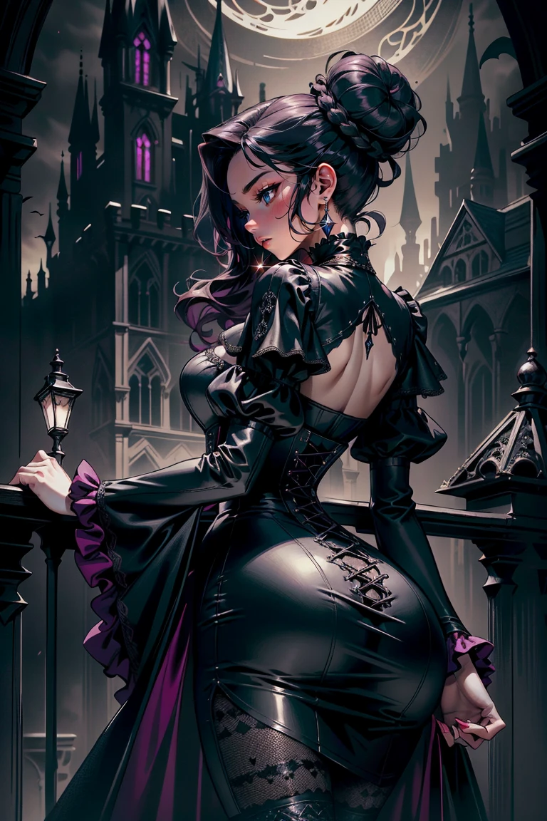 (masterpiece, top quality, best quality, official art, beautiful and aesthetic: 1.2), (1 woman: 1.3), long curly dark brown hair, ((fancy bun)), Victorian style, Victorian classic, extremely detailed, portrait, looking at the viewer, solo, (full body: 0.6), detailed background, close-up, mischievous eyes, (cold midnight castle theme: 1.1), vampire, long fangs, blood on chin, huge lips, charlatan, mischievous smile, mysterious, being seductive on the balcony, revealing gothic dress, extremely tight bodice, black costume, magenta skirts, off-the-shoulder, long sleeves, loose sleeves, black leather , cape, corset, black dress, fishnets, black high boots, buckles, straps, bags, glowing blood magic energy, dark magenta fabric, silver trim, black leather, extremely slim, slim waist, slim hips, medieval background (gothic castle exterior: 1.1), nocturnal, dark and mysterious lighting, shadows, magical atmosphere, Dancing lightly. backwadrs, Looking back. Very sexy, with chin resting on shoulder, abigail larson art style, huge ass, ass focus