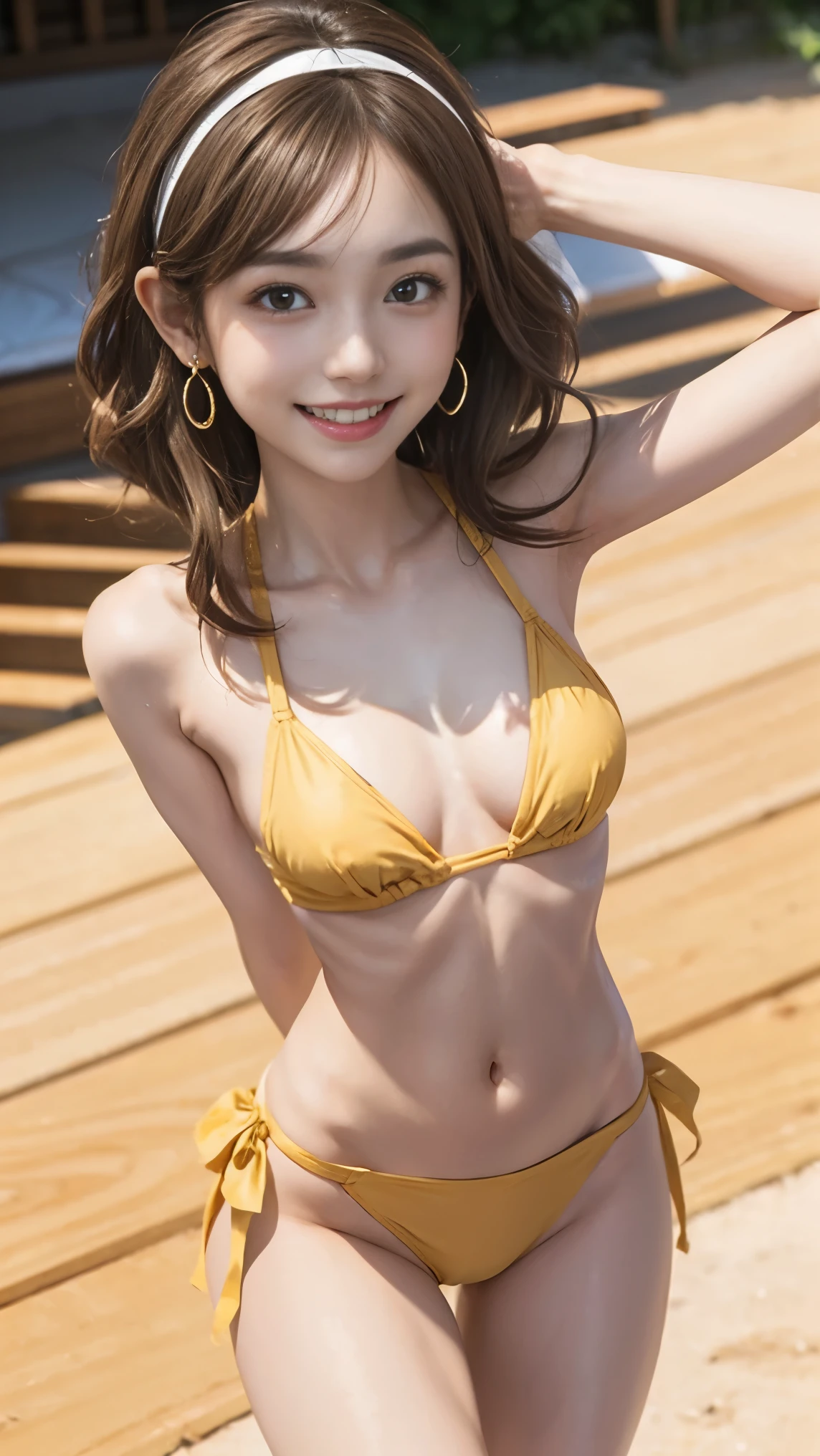 girl, Goblins, Big smile of joy，beautiful and moving，(((Flat Chest))),Do a dynamic dance、How to wear Painted Mimi Headband、((((Thin arms、Tight waist、Slender upper body、Thin thighs、Slim lower body))))、Medium Long Hair、(((Brown Hair)))、Tropical sandy beaches、Dazzling Smile、White Micro Bikini、Full Body Shot、A bow tie、wear big gold earrings