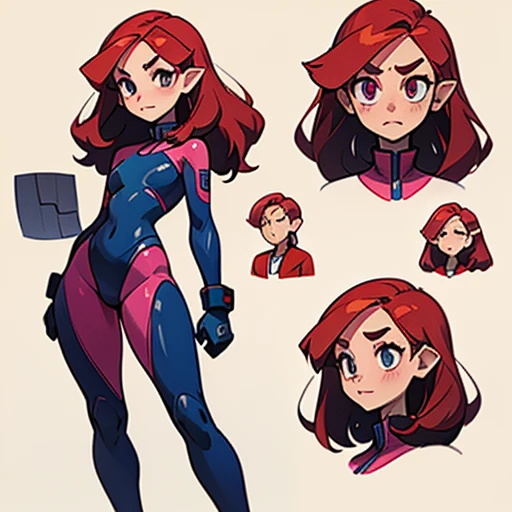 A girl with deep red hair, with a bright and striking tone.
- Her hair is short and slightly wavy, reaching just above her shoulders.
- She wears straight bangs that cover her forehead and mix with longer strands on the sides of her face, framing it softly.
- with a pair of longer strands sticking out at the height of her ears, adding a youthful touch to her style.
- Her face has a slightly rounded shape, with soft cheeks and a youthful air.
- Suletta has brown and pink skin, which stands out with her red hair.
- Her eyes are large and golden in color, with a warm and expressive glow that reflects her innocence and kindness.
- Her eyebrows are thin and a similar tone to her hair, gently arched, giving her a generally friendly and slightly shy expression.
- Her nose is small and slightly upturned.
- Her lips are thin and a soft pink tone, with a natural curve that suggests a subtle smile.
Her build is slim but with a slightly more robust build with soft curves that give her a more youthful air but with wide hips.
- Her posture is usually a little more relaxed and less rigid, sometimes reflecting nervousness or shyness..
Erotic latex suit and with Technological elements
(((character sheet))) ((various views)) ((front and back) (full body)