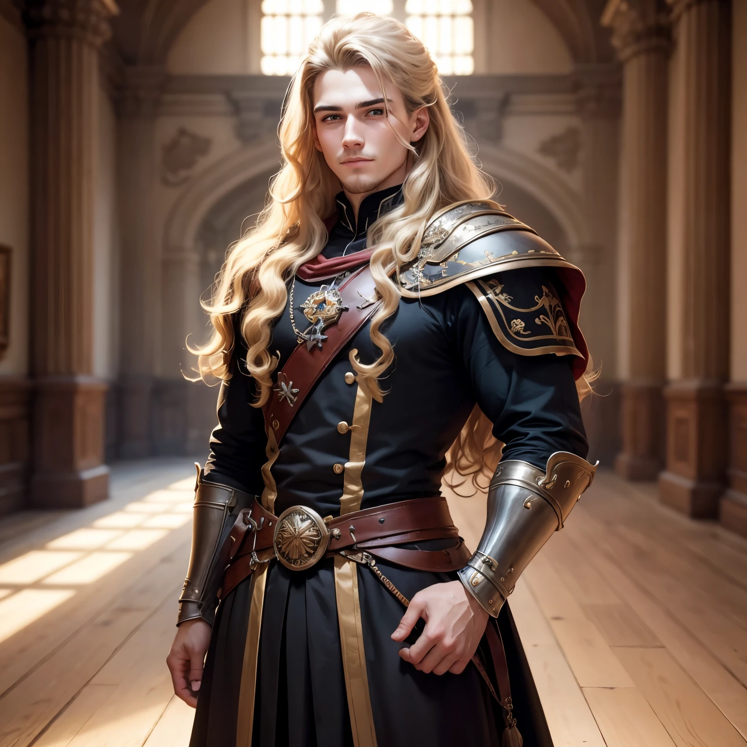((best qualityer)), ((work of art)), (detailded), 8k, 4K, hight contrast, work of art,  Meticulous attention to facial features and hair strands, 20 year old young man, an adventurous man with long curly blond hair ,black mantle,layer , Arms crossed pose ,battle costume ,slightly-smile,in the background a castle hall ,clear lighting, detailed shadows 