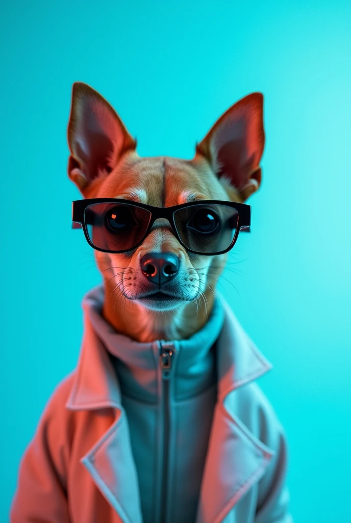 The best cell phone wallpaper, Award-Winning Wallpaper, portrait photography, In the front view is a portrait of a cute dog wearing mid-1960s space age fashion, Side view photo, Shot with Canon EOS R5, Set a strong contrast that accentuates the subject, Fluorescent blue tone, Wearing a very modern coat and sunglasses is a modern 1960s style, Clothes all in one color, beautiful background