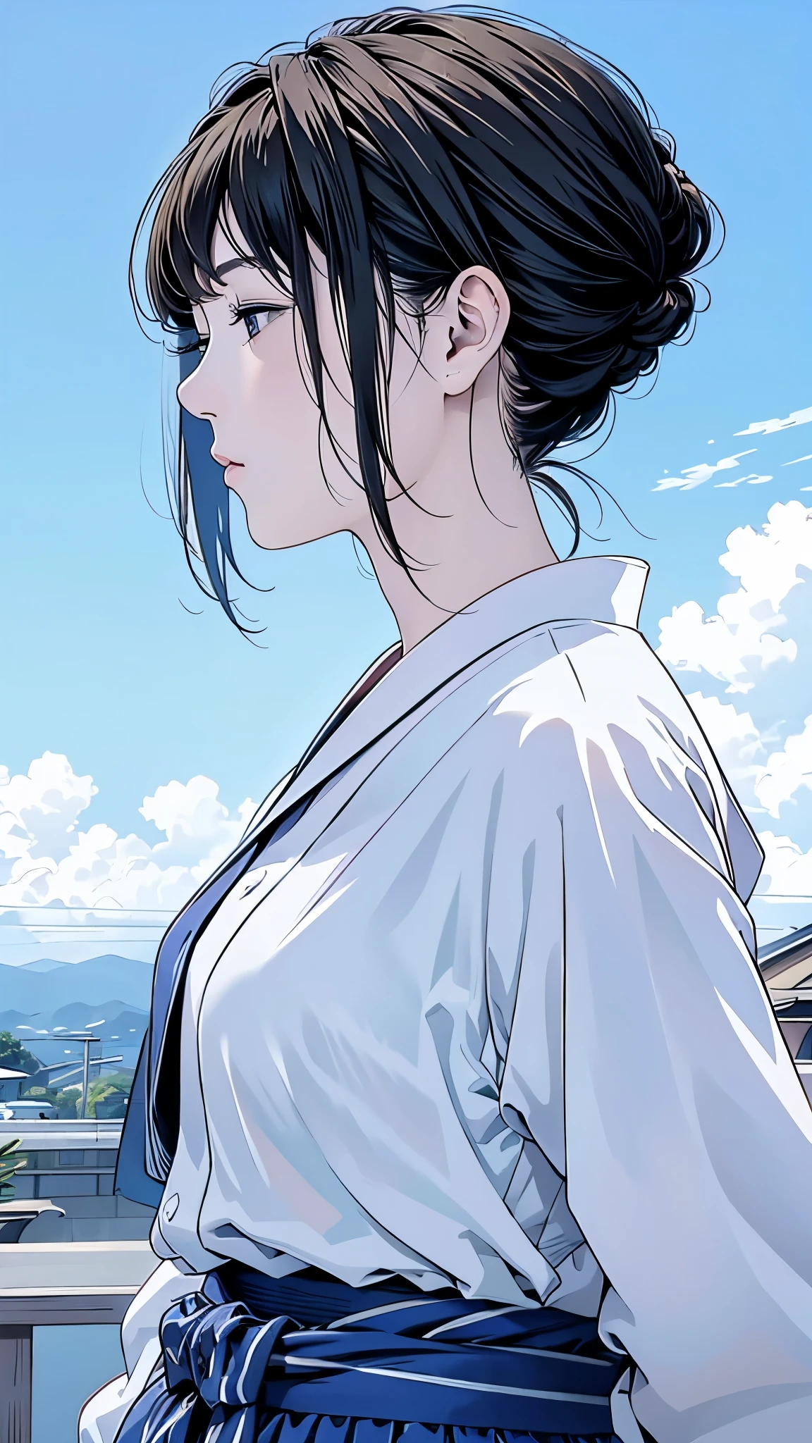 Master Painting、Highest quality、scenery、cumulonimbus、woman、Very depressive、Black Hair、Shortcuts、Looking up、profile、Upper Body、White jersey、Mid-chest、Japanese、Burnt black skin。