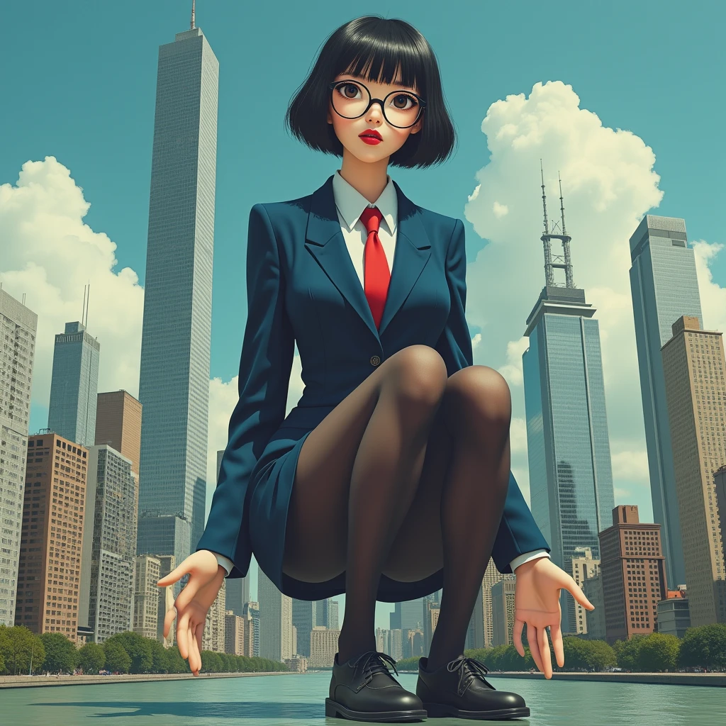 Giant art, Surreal school girl, , highly detailed Giant shot, Giant, short hair, Black Pantyhose, Giant high school girl much bigger than a skyscraper。Wear rimless glasses。Huge boobs。Navy Blue Blazer、Red tie、Mini skirt、Black Pantyhose、I don't wear shoes.。very small metropolis。Miniature metropolis。In a Miniature metropolis that is only feet tall.、squatting and urinating。The city sinks into a sea of urine。Full body description。gigagts, Giant, Black Pantyhose, Pantyhose Legs, Pantyhose Legs, ,Crush City,Small Town,Micro City, Peeing, Pee,