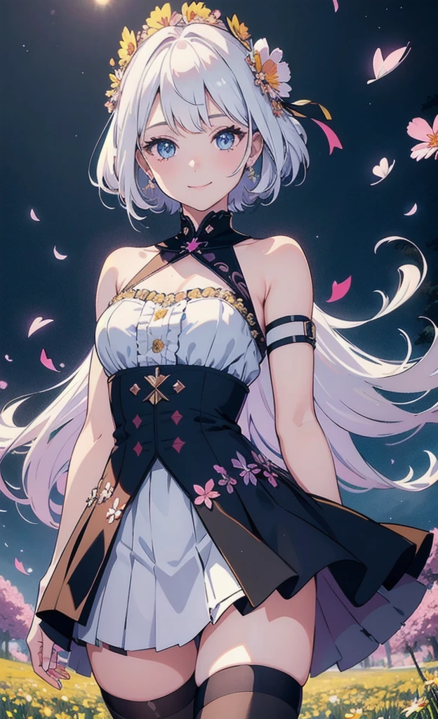 masterpiece, best quality, 1girl, (colorful),(delicate eyes and face), volumatic light, ray tracing, bust shot ,extremely detailed CG unity 8k wallpaper,solo,smile,intricate skirt,((flying petal)),(Flowery meadow) sky, cloudy_sky, moonlight, moon, night, (dark theme:1.3), light, fantasy, windy, magic sparks, dark castle,white hair