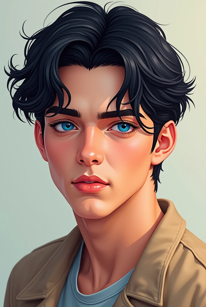 Beautiful handsome, college boy with slightly wavy black hair, blue eyes in 2D picture