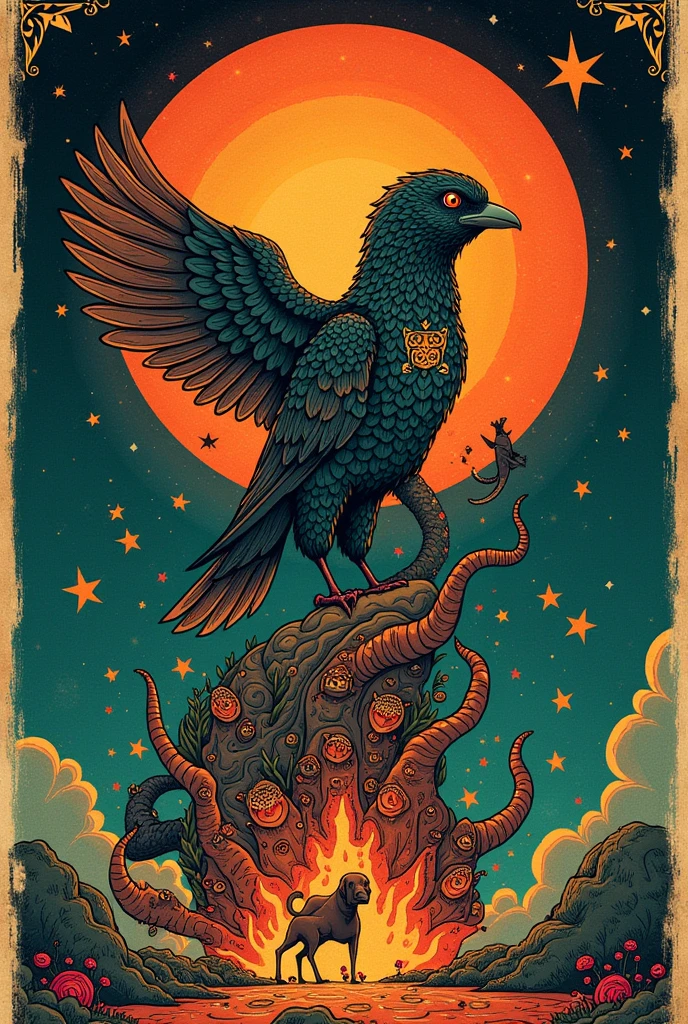 a poster with a bird and a star on it, illustrated poster, poster illustration, by Tim Biskup, dayer diego artwork, divine god, poster design, three eyed goddesses, book cover illustration, fungal god, vintage typography, dog as a god, fallen god, glorified image, by Margo Hoff, tattooed, inspired by Edwin Georgi