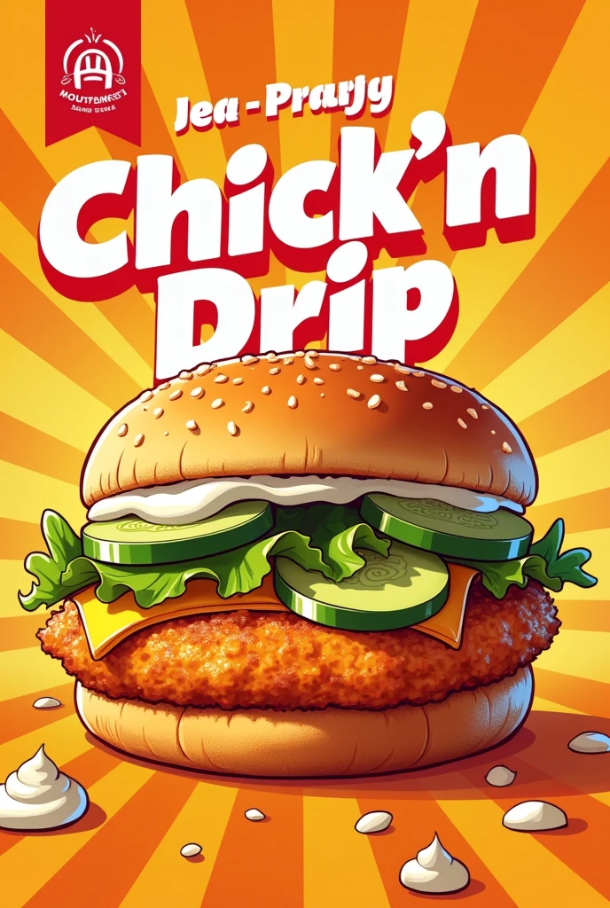 Create a sample illustration of an advertisement of an orange chicken flavored burger with mayonnaise, cucumber, lettuce, and secret sauce. Its title would be "Chick'N Drip" +The advertisement should grab the attention of students.