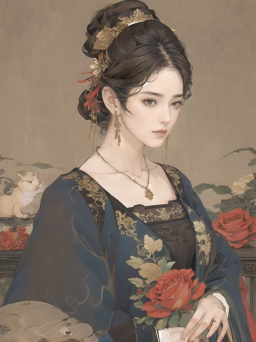 (Very detailed CG ユニット 8k 壁紙, masterpiece, Highest quality, Very detailed), (Best lighting, Best Shadow), 45 year old Spanish woman, mature, Square face, She is wearing a single red rose on her necklace, Wearing a black dress with red lace, Gold earrings, Maria Padilla-like traits, (Very detailed肌: 1.2), Light medium brown loose hair