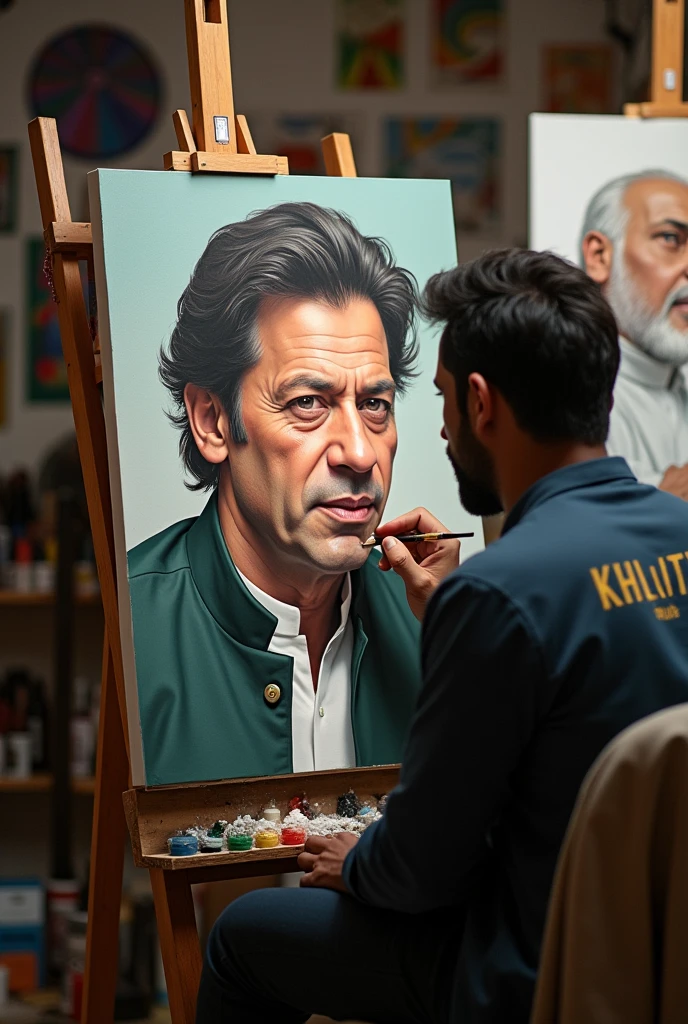 A Guy Painting Prime Minister of Pakistan Imran Khan Picture. The name is Abdullah Khilji on his shirt Back 