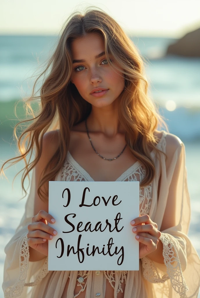 Beautiful girl with wavy long hair, bohemian dress, holding a white board with text "I Love Seaart Infinity" and showing it to the viewer