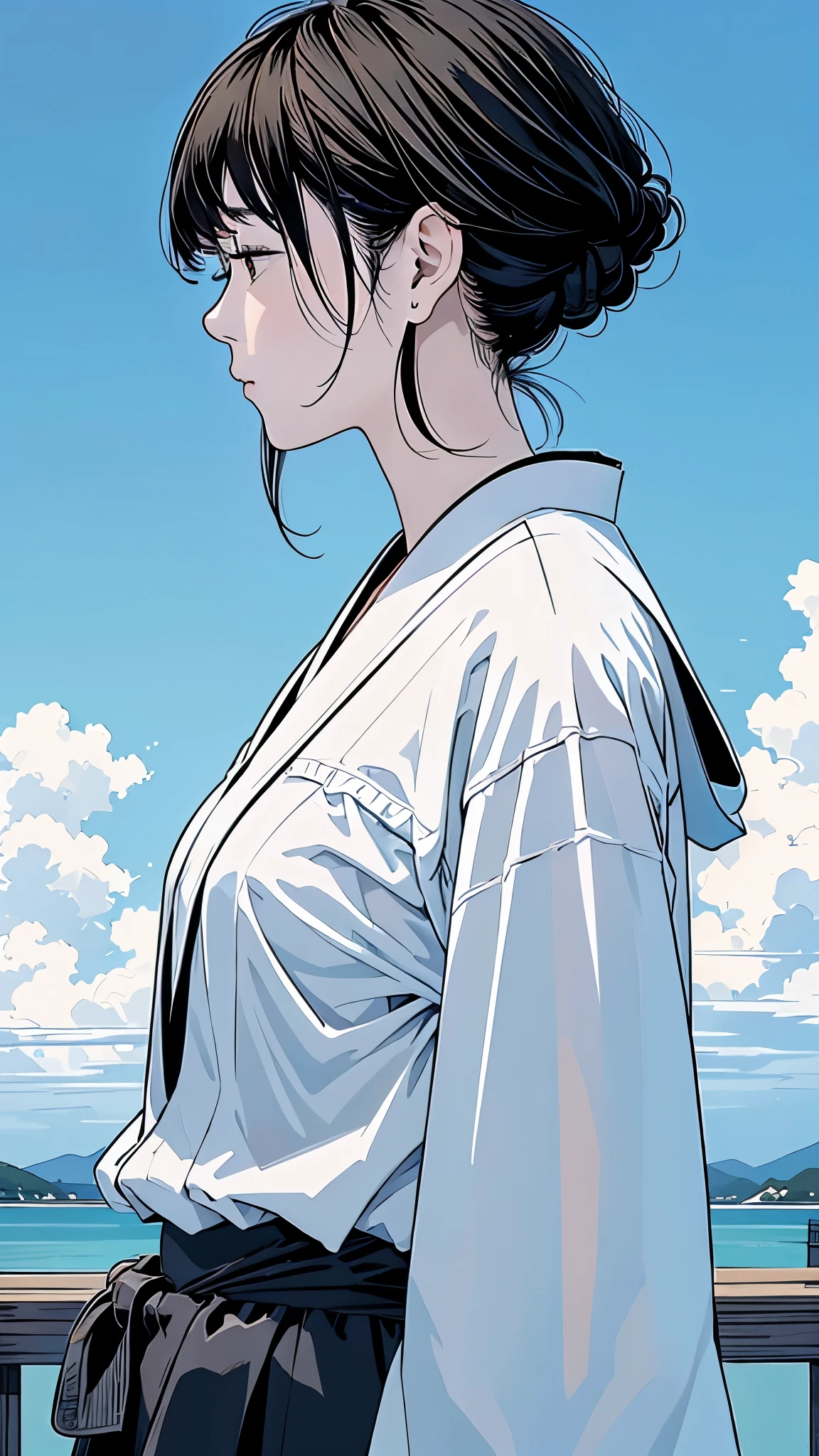 Master Painting、Highest quality、scenery、sunny、cumulonimbus、woman、Very depressive、Black Hair、Shortcuts、Looking up、profile、Upper Body、White jersey、Mid-chest、Japanese、Burnt black skin。