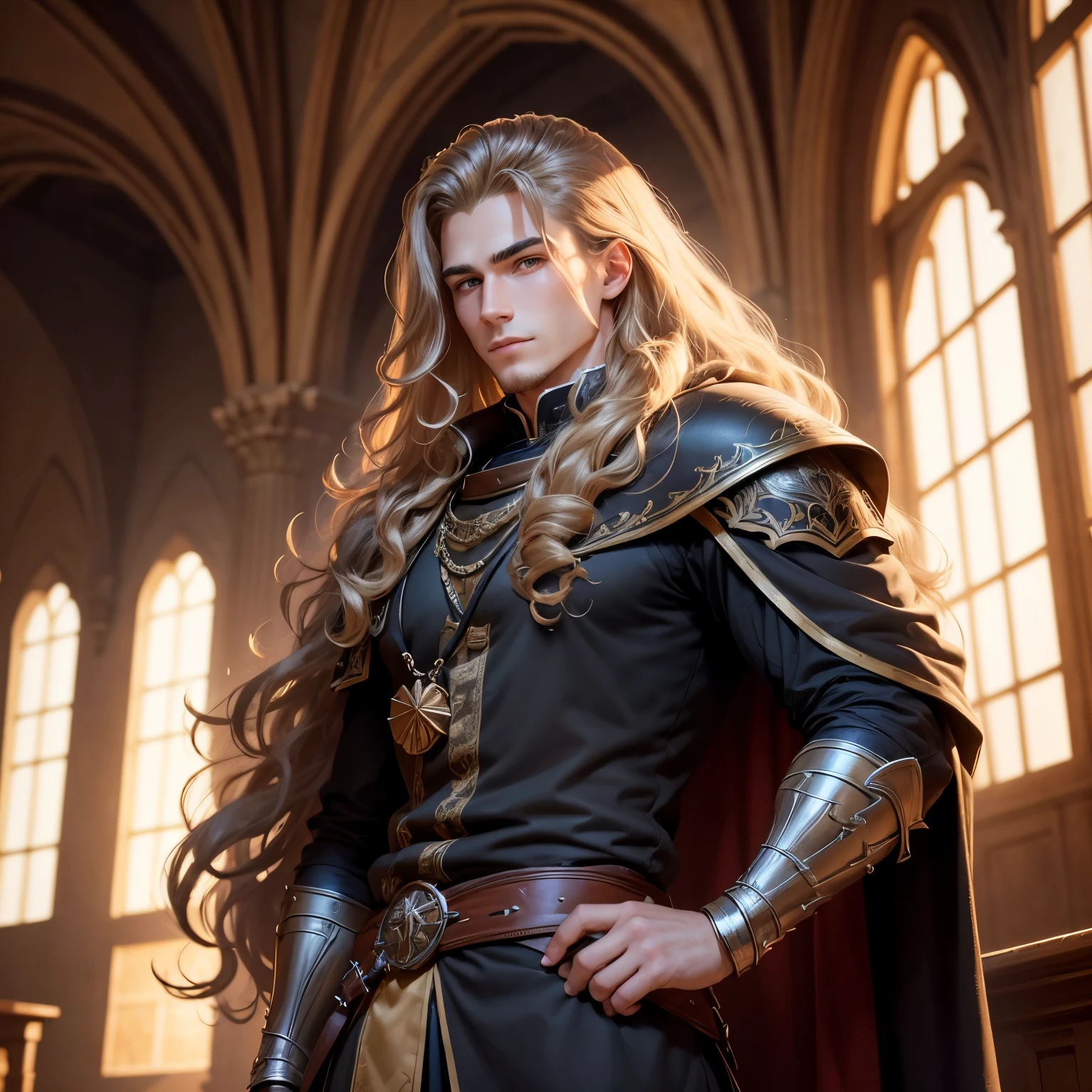 ((best qualityer)), ((work of art)), (detailded), 8k, 4K, hight contrast, work of art, Meticulous attention to facial features and hair strands, 20 year old young man, an adventurous man with long curly blond hair ,black mantle,layer , Arms crossed pose ,battle costume ,slightly-smile,in the background a castle hall ,clear lighting, detailed shadows