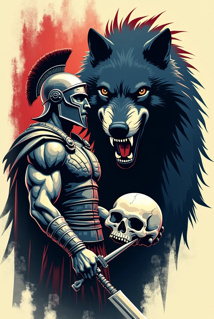 Spartan killing wolf holding a skull logo style