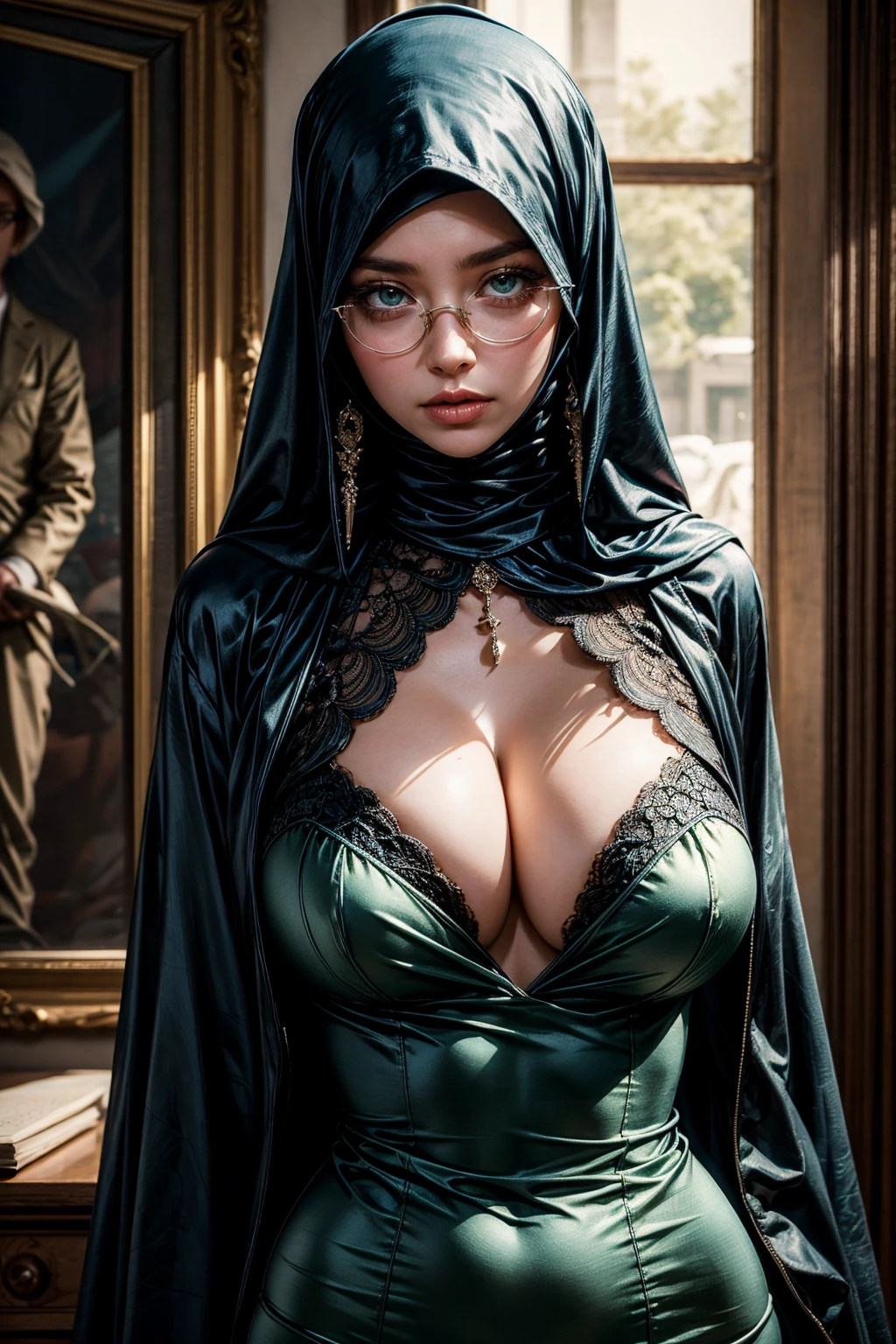 Tia is shown to have a fairly slender figure. Wearing silh hijab, large pale green eyes,(masterpiece:1.2, best quality), Kiel-D01, blue suit, monster, serious, looking at viewer, round-framed glasses cleavage exposed, big breasts, superior quality, many details, Puri focus Sharp and realistic