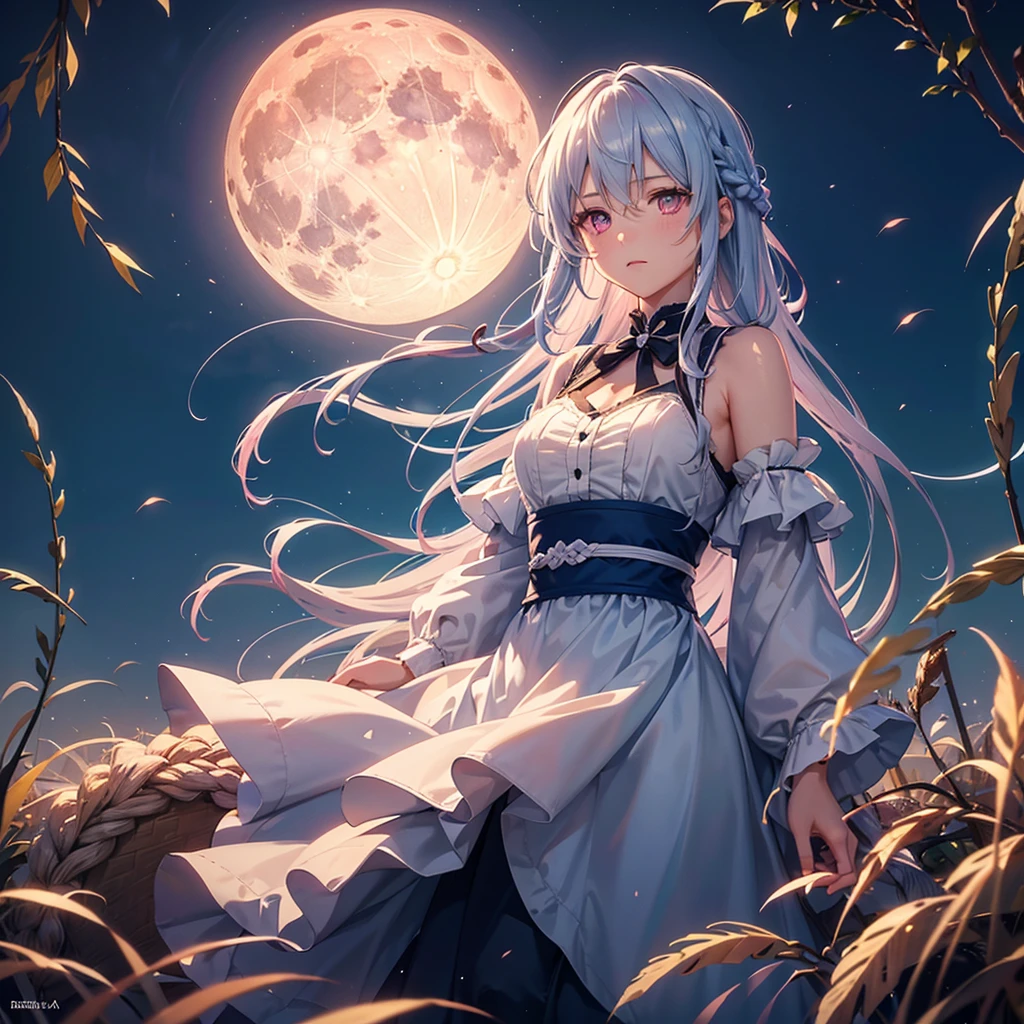 (Sky blue braided medium length hair), (Pink eyes),(Fair skin) ,(whole body),(One Girl),(harvest moon),(Miscanthus sinensis in the background),autumn,(full moon),(masterpiece, Highest quality, Very detailed, Best Shadow), (Detailed Background), (Beautifully detailed face), High Contrast, (Best lighting, Very delicate and beautiful), ((Cinematic Light)), Hyper Detail,8k, Dramatic Light,