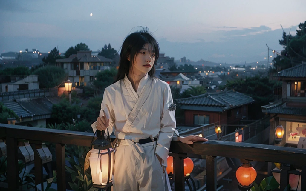 A handsome young man in white clothes with windblown hair standing thoughtfully on a balcony at dusk, gazing over a vast cityscape illuminated by floating lanterns in a twilight sky, creating a dreamlike and magical atmosphere. The primary light source is the twilight sky, casting soft shadows and delicate highlights on his hair and clothes. The color scheme features cool blues and purples, with contrasting warm orange and red lanterns. The scene conveys a sense of serenity, fantasy, and a touch of melancholy, with the young man's pose and expression suggesting contemplation or longing. The wind adds a dynamic element, bringing life to his hair and clothes, and the lanterns gently rise, enhancing the magical ambiance. The city lights twinkle like stars, adding depth and detail to the background.