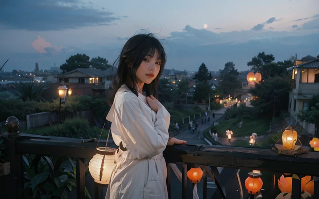 A handsome young man in white clothes with windblown hair standing thoughtfully on a balcony at dusk, gazing over a vast cityscape illuminated by floating lanterns in a twilight sky, creating a dreamlike and magical atmosphere. The primary light source is the twilight sky, casting soft shadows and delicate highlights on his hair and clothes. The color scheme features cool blues and purples, with contrasting warm orange and red lanterns. The scene conveys a sense of serenity, fantasy, and a touch of melancholy, with the young man's pose and expression suggesting contemplation or longing. The wind adds a dynamic element, bringing life to his hair and clothes, and the lanterns gently rise, enhancing the magical ambiance. The city lights twinkle like stars, adding depth and detail to the background.