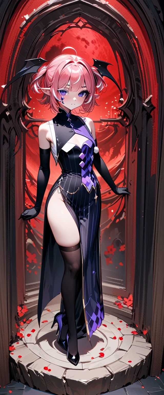 UHD, masterpiece, best quality, extremely detailed, anatomically correct, sharp focus, Midnight, red moon, Church , altar isle, scattered petals, full body portrait, 1girl, solo, camilavtuber, pink hair, short hair, shoulder length hair, (black head wings), twin ponytail, purple eyes, facial mark, slim arms, black arm sleeves, black gloves, small chest, 1devil wing, black long gown, high slit gown, slim legs, black stockings, black high heels, full body shot, close up, innocent pose, Eye-Level Shot, front view, innocent pose