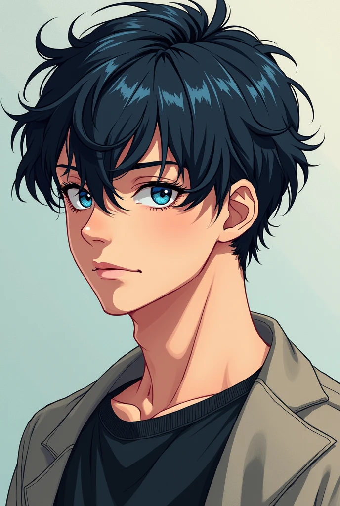Beautiful handsome, college boy with slightly wavy black hair, blue eyes in anime style picture 