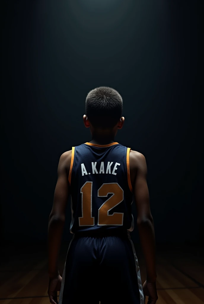 Photo dark d'un enfant basketeur noir de 11 ans dos au caméra numéro 12 et "A.KAKE "écrit sur son maillot et cheveux courts dégradé