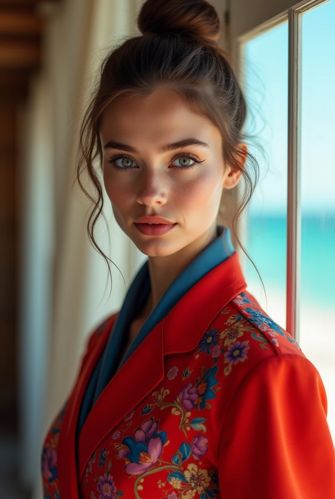 (Best Quality, 4K, 8K, High Resolution, Masterpiece: 1.2), (Super Detailed, Realistic, Photorealistic:1.37)A captivating young girl, donning a striking ensemble of red and blue, stands before a window with an air of toughness and determination. Her enchanting eyes are exquisitely detailed, capturing every glimmer and depth, while her lips boast a meticulous beauty that is both captivating and alluring. The level of detail extends to her entire face, each contour and feature meticulously rendered to perfection, creating a sense of hyper-realism that draws the viewer in. 

The girl's attire, reminiscent of oil painting art, is a work of art in itself. The fabric, skillfully crafted to resemble vibrant brushstrokes, adds a touch of dynamism to her overall appearance. It is a true reflection of the artist's talent, showcasing a mastery, (NSFW:1.5), Chignon hairstyle, beautiful nipples, 1 beautiful woman, photorealistic, ultra detailed, high resolution, 8K wallpaper, light brown hair, South Sea beach, sexy and bold swimsuit, cute big ass, sharp focus, perfect dynamic composition, realistic and finely drawn beautiful eyes, finely drawn hair, fine and realistic skin texture, smiling, close-up portrait, model body shape, (Representative Works: 1.3), (8k, photorealistic, raw photos, Highest image quality: 1.4), (30 years old mature woman),small face, beautiful face, (realistic face),no makeup、natural makeup、light makeup、 (Dark brown, short hair: 1.3), beautiful hairstyle, realistic eyes, beautiful detailed eyes, (Photorealistic skin), beautiful skin, (sweater),、Bust B Cup、 disorganized, Charm, 超High definition, Super realistic, High definition, golden ratio, FF Tifa、,sunny day beach background,