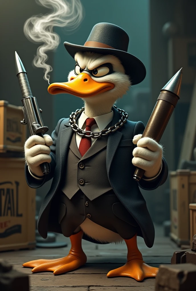 Duck Character, mobster, missiles, chains on the neck, smoking