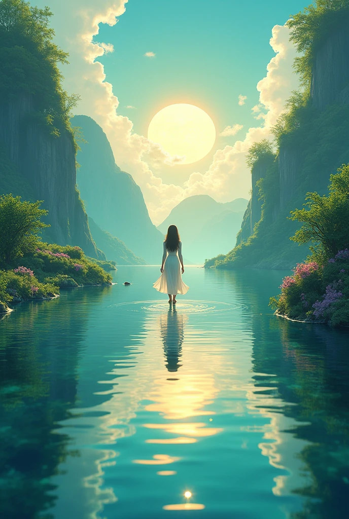 4K,Every green空 carries the promise of a new dawn, Paving the way for a beautiful beginning,Beautiful nature paintings. green,green空, green、A woman is reflected in the photo.、near view, anime style, (Amazingly absurd:1.2), (masterpiece:1.2)