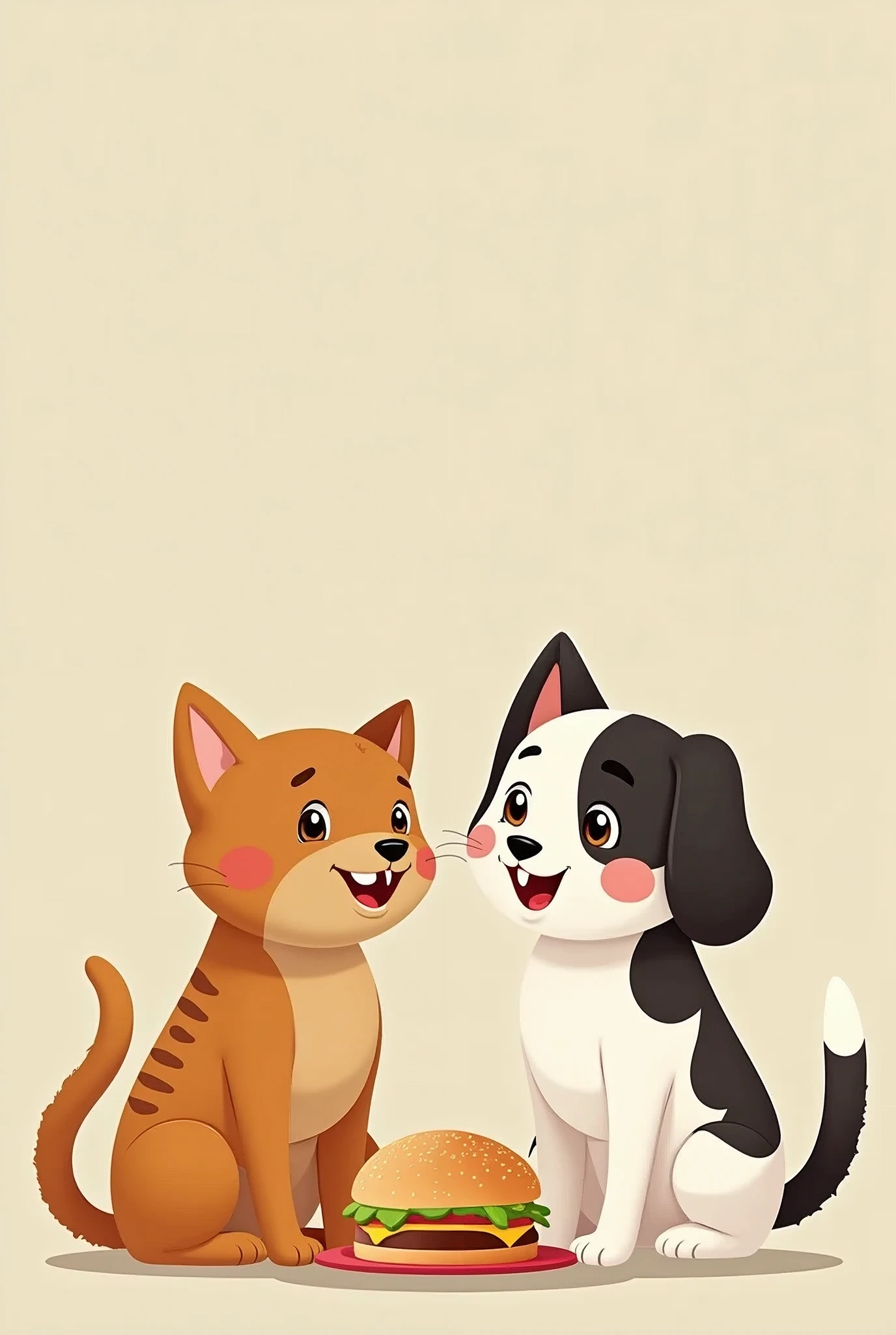 cute cat and cute dog smiling while tasting the food in front of them vector illustration