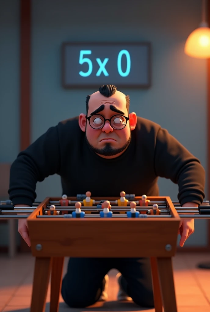 Create a Disney-Pixar style image of a 25 year old adult male, extremely sad and crying intensely, with tears falling from his eyes as if he were a . He is kneeling behind a foosball table, leaning on it, with a score of "5x0" displayed as if it were the title of a Disney movie. The man is a little overweight, wears a black sweatshirt, black pants and black sneakers. He wears glasses, has a medium black beard with some gaps on the cheeks and is bald in the front, with side partings and straight black hair. The expression of his sadness is deep, highlighting his discouragement with the 5x0 result.