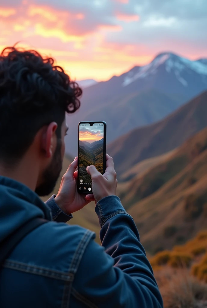 Someone takeing landscape photo  with mobile, mobile model is Samsung s22 ultra , and 