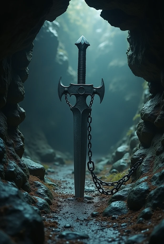 Sickle is sealed with chains in a cave.
