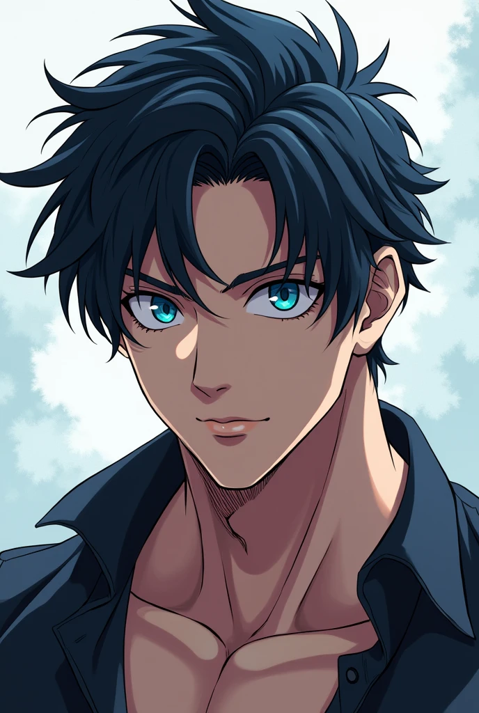 Beautiful handsome, muscular big boy with slightly wavy black hair, blue eyes in anime style picture