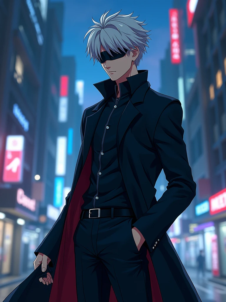 ((masterpiece, 8K, best quality, high resolution:1.3)), (Satoru Gojo is a tall and slender character with a lean build:1.2), (he has white hair, slightly messy, that falls over his forehead and is usually styled upwards:1.2), (his eyes are hidden behind a black blindfold:1.2), (he typically wears a black outfit consisting of a high-collared coat and matching pants, giving him an elegant and imposing appearance:1.2), (his style is confident and casual, reflecting his charismatic and powerful personality:1.2), (he is smiling:1.2), (there is a purple energy ball floating beside him:1.2), (the background features a modern urban setting with tall buildings and neon lights:1.2), (the scene is set at night, with the city lights creating a vibrant atmosphere:1.2), (his pose exudes confidence and power, capturing the essence of the character:1.2), (Canon EOS 5DS R camera, perfect for capturing the detail and beauty of the scene:1.2), (paired with the Canon EF 85mm f/1.4L IS USM lens:1.2), (the scene is illuminated with dramatic, moody lighting from the city lights:1.2), (the composition showcases the intricate details of his outfit and the urban setting:1.2), (a moment frozen in time, capturing the essence of character embodiment and power:1.3), (ultra photorealistic, highlighting his features and the vibrant city backdrop:1.3), (an image that transports viewers to a captivating and immersive moment:1.2), (a scene that exemplifies the beauty of cosplay in a modern setting:1.2)