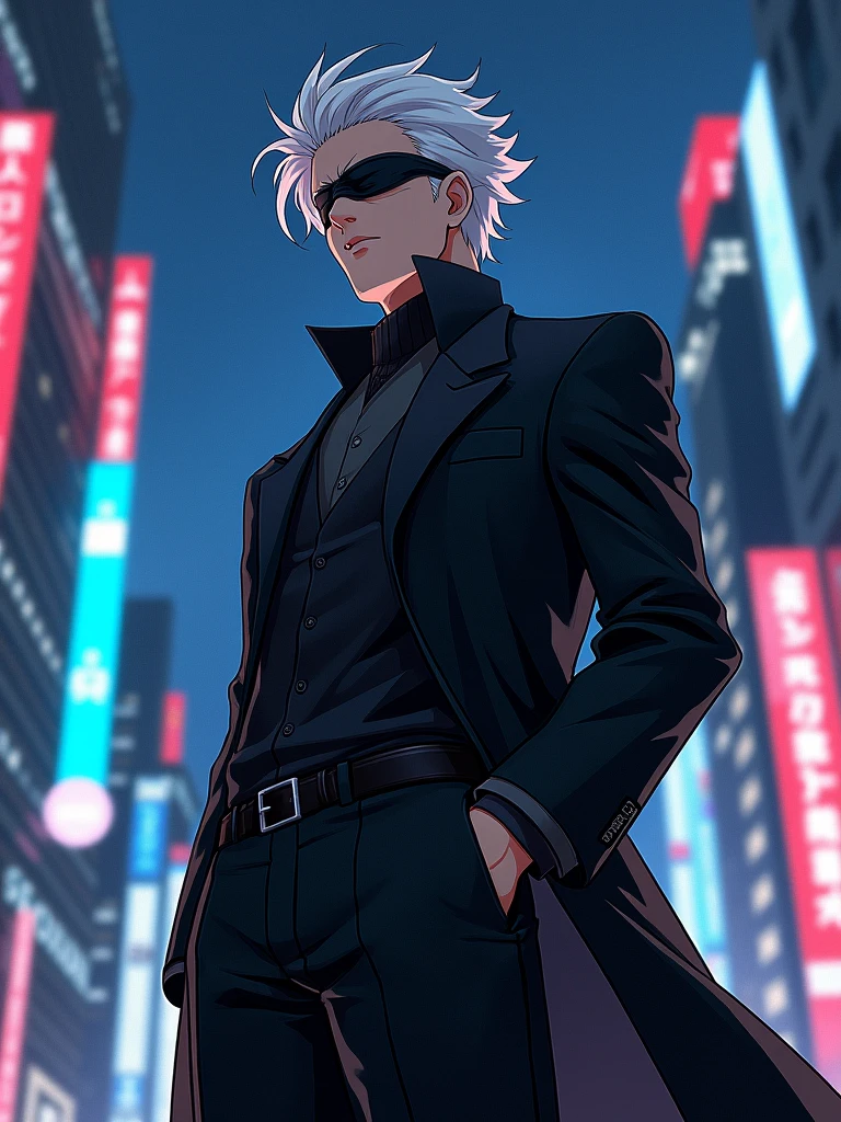 ((masterpiece, 8K, best quality, high resolution:1.3)), (Satoru Gojo is a tall and slender character with a lean build:1.2), (he has white hair, slightly messy, that falls over his forehead and is usually styled upwards:1.2), (his eyes are hidden behind a black blindfold:1.2), (he typically wears a black outfit consisting of a high-collared coat and matching pants, giving him an elegant and imposing appearance:1.2), (his style is confident and casual, reflecting his charismatic and powerful personality:1.2), (he is smiling:1.2), (there is a purple energy ball floating beside him:1.2), (the background features a modern urban setting with tall buildings and neon lights:1.2), (the scene is set at night, with the city lights creating a vibrant atmosphere:1.2), (his pose exudes confidence and power, capturing the essence of the character:1.2), (Canon EOS 5DS R camera, perfect for capturing the detail and beauty of the scene:1.2), (paired with the Canon EF 85mm f/1.4L IS USM lens:1.2), (the scene is illuminated with dramatic, moody lighting from the city lights:1.2), (the composition showcases the intricate details of his outfit and the urban setting:1.2), (a moment frozen in time, capturing the essence of character embodiment and power:1.3), (ultra photorealistic, highlighting his features and the vibrant city backdrop:1.3), (an image that transports viewers to a captivating and immersive moment:1.2), (a scene that exemplifies the beauty of cosplay in a modern setting:1.2)