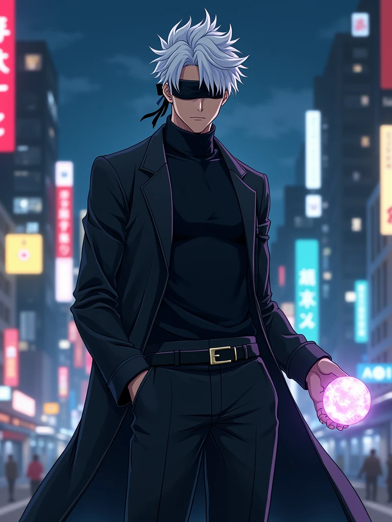 ((masterpiece, 8K, best quality, high resolution:1.3)), (Satoru Gojo is a tall and slender character with a lean build:1.2), (he has white hair, slightly messy, that falls over his forehead and is usually styled upwards:1.2), (his eyes are hidden behind a black blindfold:1.2), (he typically wears a black outfit consisting of a high-collared coat and matching pants, giving him an elegant and imposing appearance:1.2), (his style is confident and casual, reflecting his charismatic and powerful personality:1.2), (he is smiling:1.2), (there is a purple energy ball floating beside him:1.2), (the background features a modern urban setting with tall buildings and neon lights:1.2), (the scene is set at night, with the city lights creating a vibrant atmosphere:1.2), (his pose exudes confidence and power, capturing the essence of the character:1.2), (Canon EOS 5DS R camera, perfect for capturing the detail and beauty of the scene:1.2), (paired with the Canon EF 85mm f/1.4L IS USM lens:1.2), (the scene is illuminated with dramatic, moody lighting from the city lights:1.2), (the composition showcases the intricate details of his outfit and the urban setting:1.2), (a moment frozen in time, capturing the essence of character embodiment and power:1.3), (ultra photorealistic, highlighting his features and the vibrant city backdrop:1.3), (an image that transports viewers to a captivating and immersive moment:1.2), (a scene that exemplifies the beauty of cosplay in a modern setting:1.2)