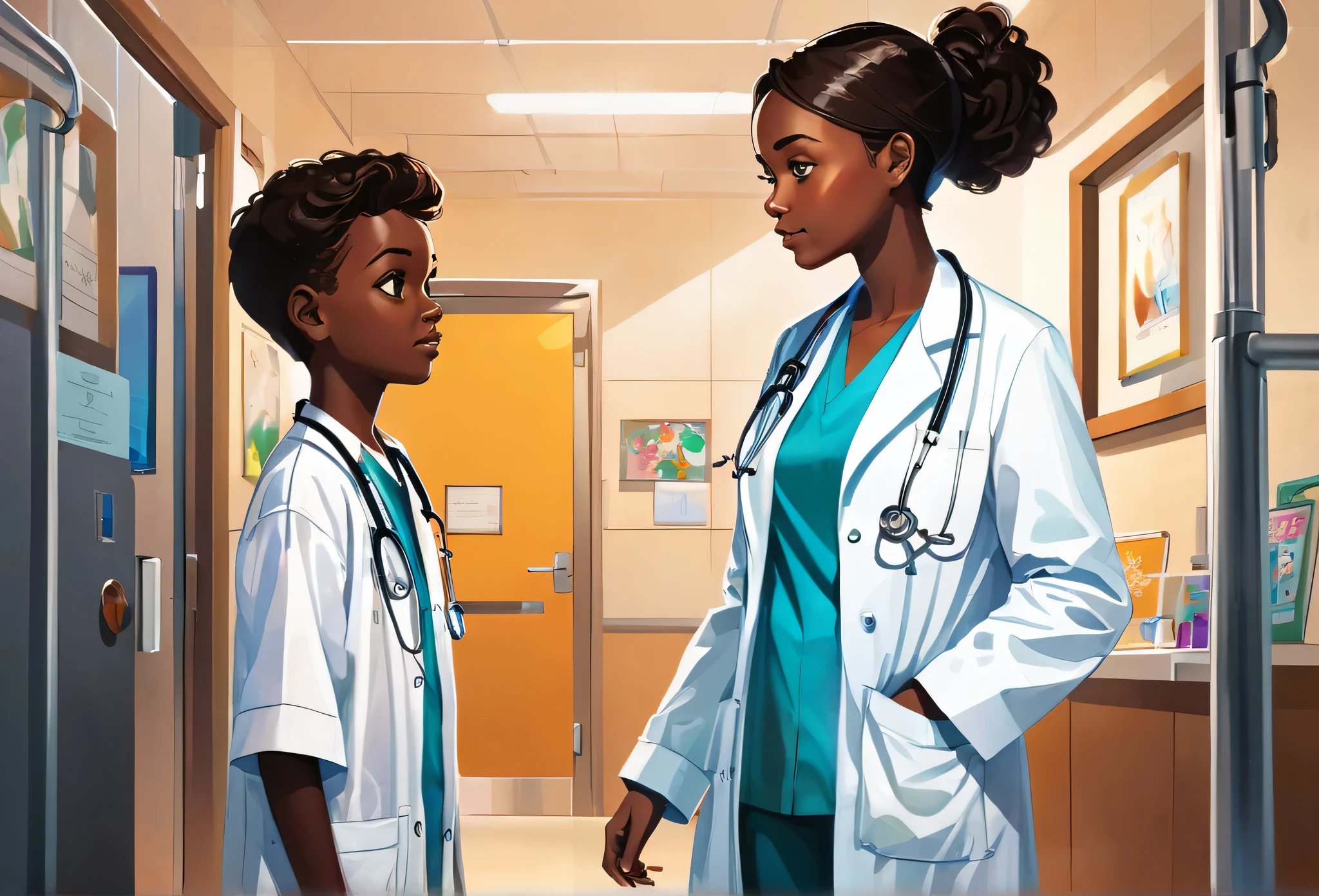 A female doctor standing beside a 13 years old boy, indoor, hospital, black skinned
(masterpiece best quality:1.2) delicate illustration ultra-detailed, illustrations, bright, colourful,