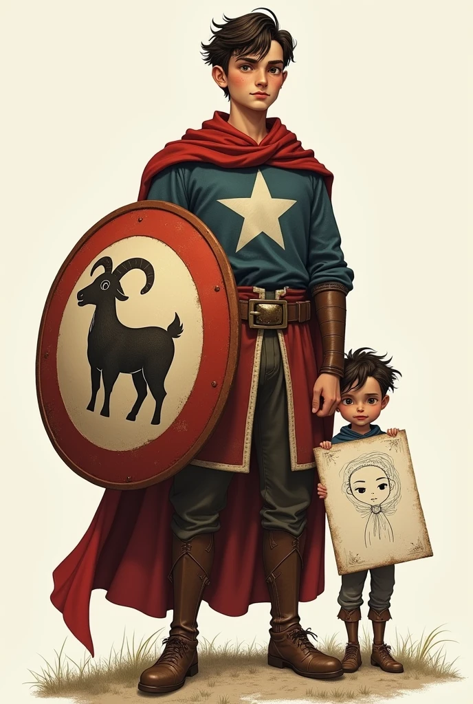 A young man with a shield with a goat coat hanger drawn on it and next to him a child in a drawing