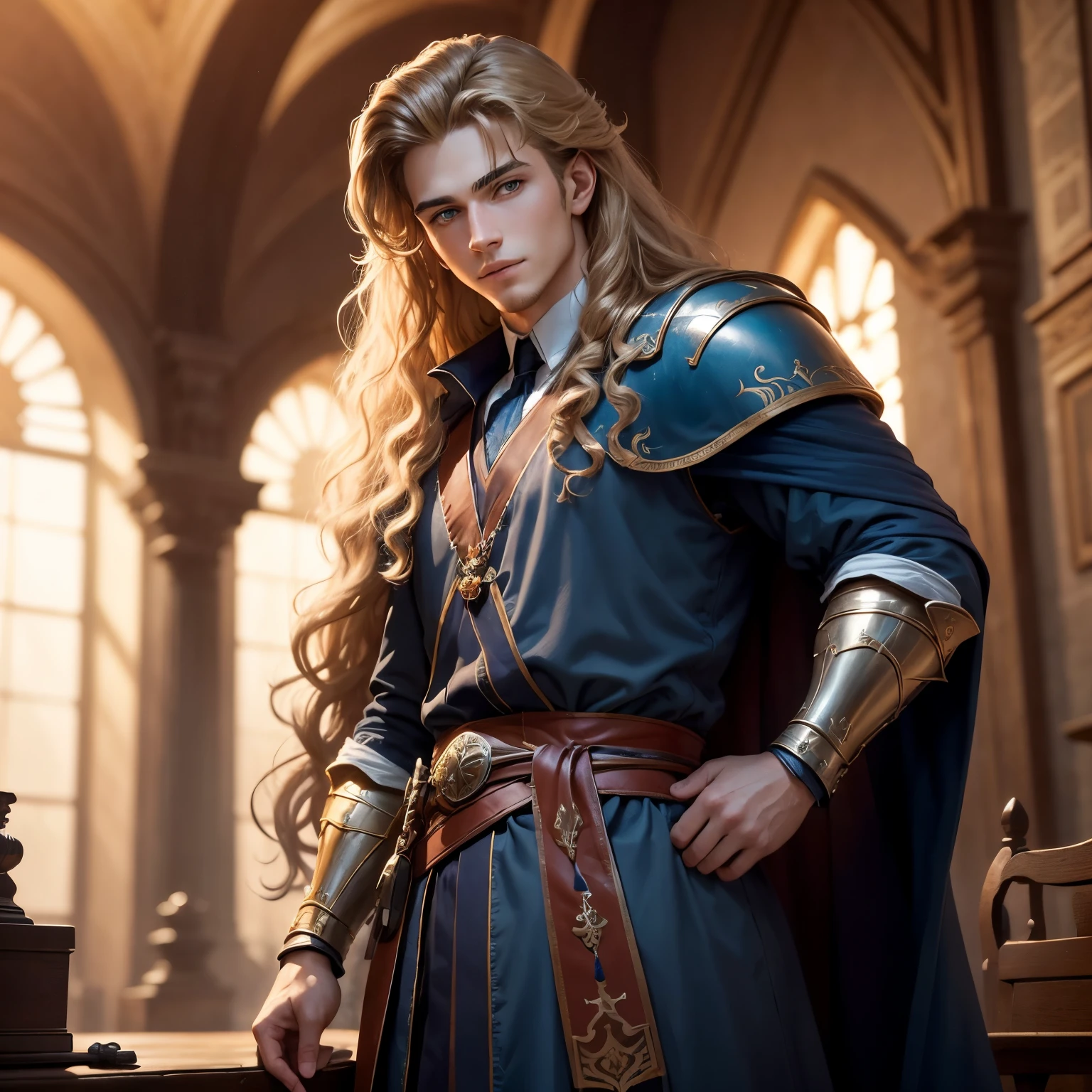((best qualityer)), ((work of art)), (detailded), 8k, 4K, hight contrast, work of art, Meticulous attention to facial features and hair strands, 20 year old young man, an adventurous man with long curly blond hair ,blue robe,layer ,battle costume , adventurer armor,slightly-smile,in the background a castle hall ,clear lighting, detailed shadows