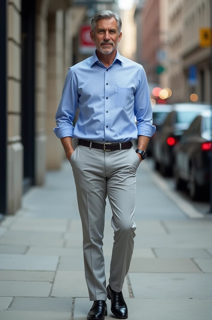 A man with a light grey pant and blue plane full shirt with black shoes 