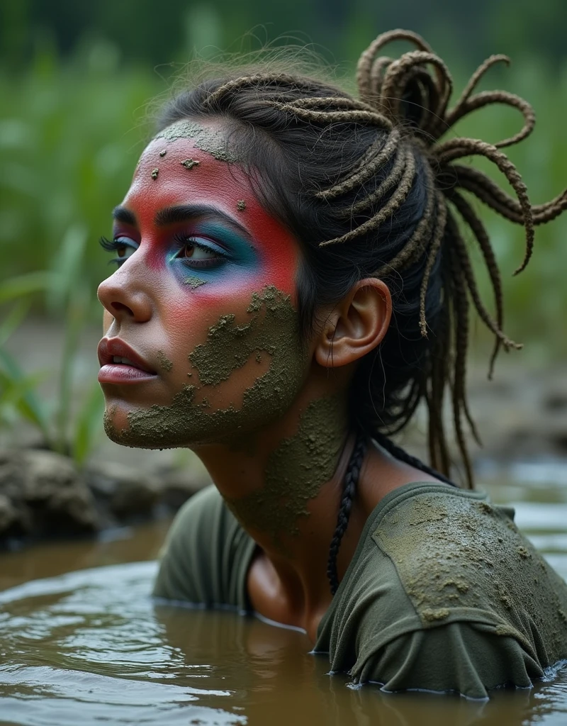 extremely detailed european woman head in mud bog in t-shirt,is victim of ritual, mud bog, drowned below mud bog,  fashion photoshoot posing,gloomy orgasm, sexy posing, provocative photoshoot, loosing control, headdress,traditional indigenous makeup. red, green, blue, side view, from afar