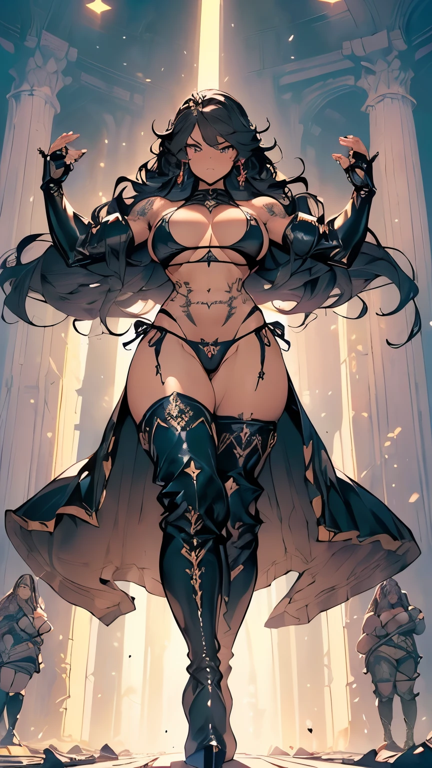 High quality, Ultra detailed, best quality, insanely detailed, beautiful, masterpiece

(Raise your hands:1.5)、Muscle Pose、Black wavy hair、Dark Elf、Sunburned skin、(Amazoness、Bodybuilder、Huge muscles、Large)、((Huge breasts:1.5)、(small string bikini:1.3)、(Underboob、Sideboob、Cleavage、Camel toe)、(Abdominal muscles、Pectoralis major、Muscular々、strong、Thick arms、Massive)、(Wide Hips、Thick thighs、Are fat、glamorous))、((Giant gauntlet:1.5)、(Knee-high boots:1.5))、NSFW、(Black collar、Black handcuffs)、(((Big shiny tattoo on crotch、Big shiny tattoo on belly、Big tattoo on shoulder、Glowing tattoos all over the body)))、Fighting Pose