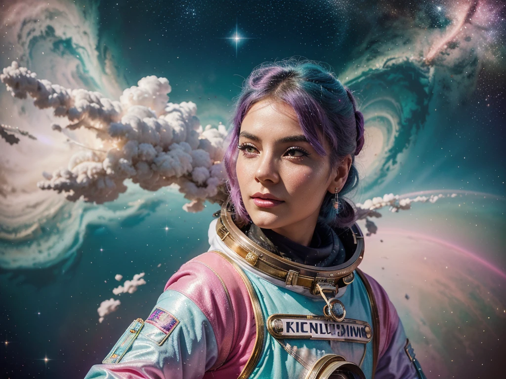 A whimsically retro-futuristic Nebula Drifter, drifting through a cosmos of pastel swirls and glittering stars. This vivid acrylic painting captures the essence of a space traveler from a bygone era, complete with a shabby-chic spacesuit adorned with faux gems and metallic accents. The artist skillfully blends vibrant hues and intricate details to create a visually stunning and nostalgic piece. Each brushstroke brings to life the charm and wonder of this vintage-inspired character, making it a truly captivating and delightful work of art.