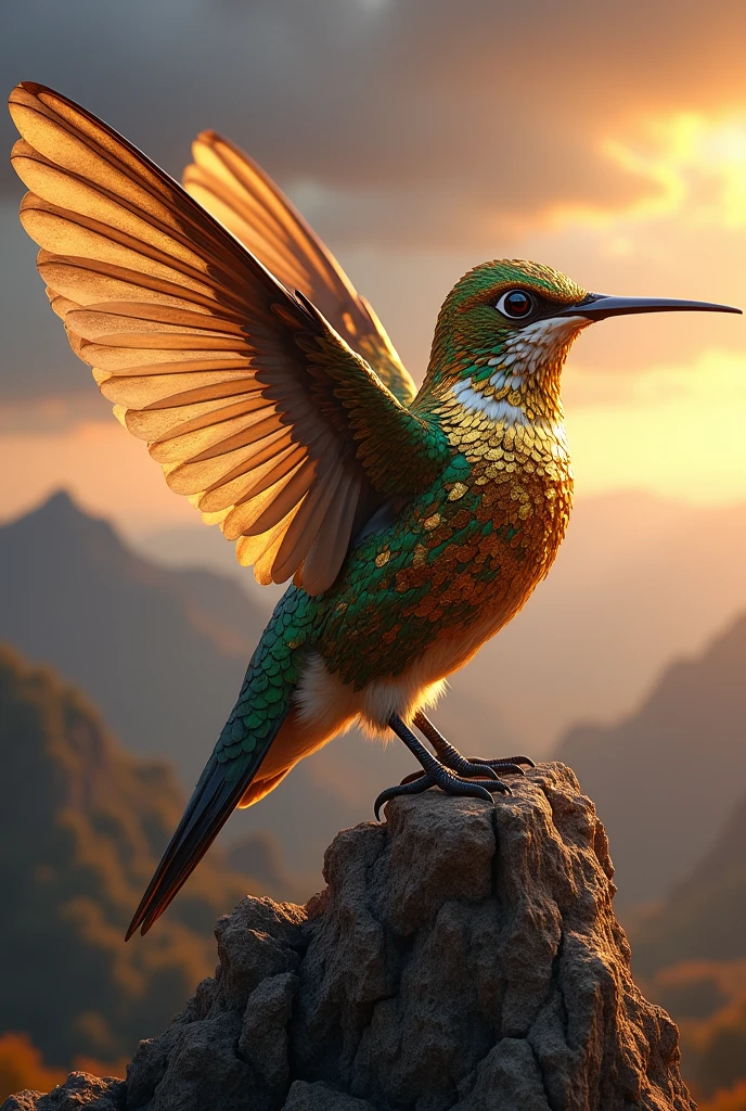 ((best qualityer)), ((work of art)), (detailded), a powerful hummingbird, dressed in golden armor, perched on top of a mountain, in an epic landscape at dusk. The hummingbird symbolizes strength, determination, excellence and unity, reflecting the values of Service, Thrive, To connect.