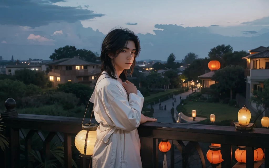 A handsome young man in white clothes with windblown hair standing thoughtfully on a balcony at dusk, gazing over a vast cityscape illuminated by floating lanterns in a twilight sky, creating a dreamlike and magical atmosphere. The primary light source is the twilight sky, casting soft shadows and delicate highlights on his hair and clothes. The color scheme features cool blues and purples, with contrasting warm orange and red lanterns. The scene conveys a sense of serenity, fantasy, and a touch of melancholy, with the young man's pose and expression suggesting contemplation or longing. The wind adds a dynamic element, bringing life to his hair and clothes, and the lanterns gently rise, enhancing the magical ambiance. The city lights twinkle like stars, adding depth and detail to the background.