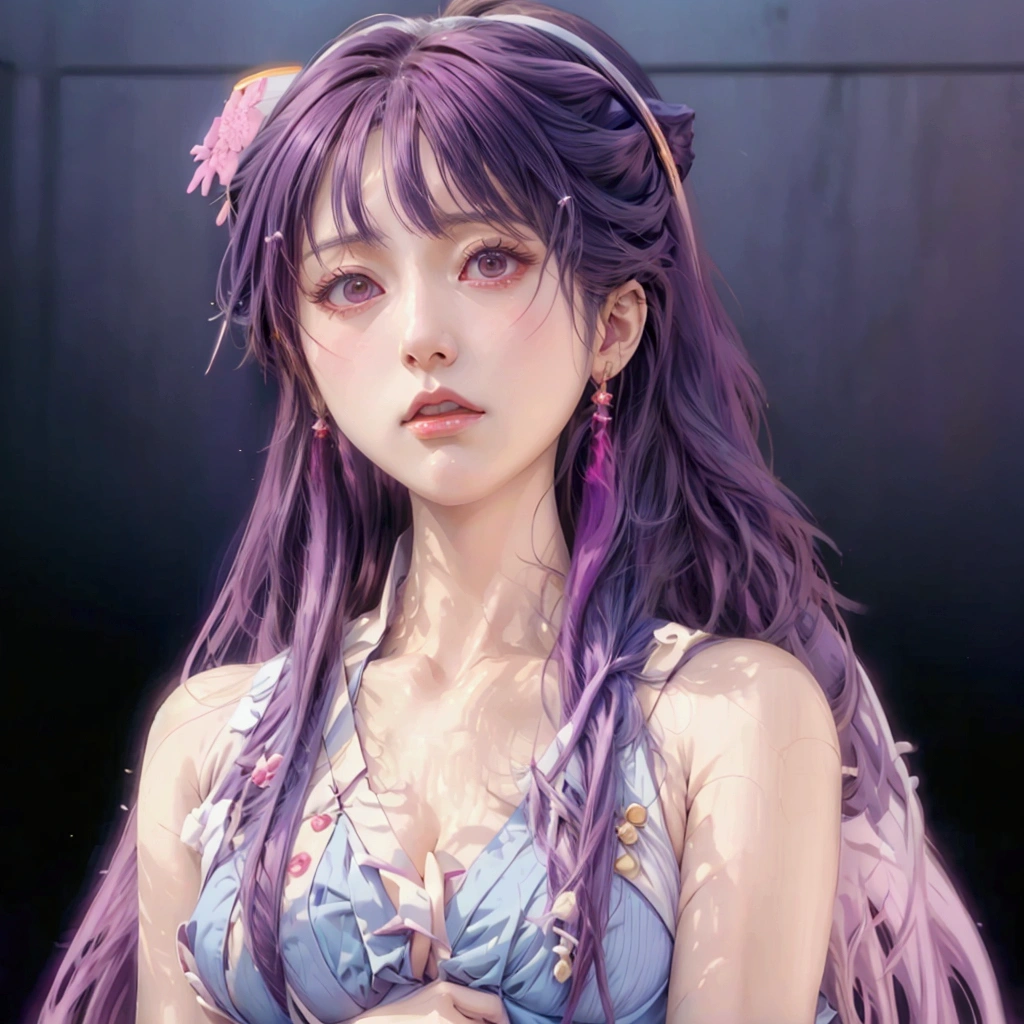 Close-up of a woman with long purple hair and a white top, misato katsuragi, Gainax anime style, juri misaki, Gainax, portrait Zodiac Knight Girl, Hino Rei plays the role of the princess, Female Anime Characters, Anime girl named Lucy, Zodiac Knight Girl, Kusanagi, tsubasa nakai's style