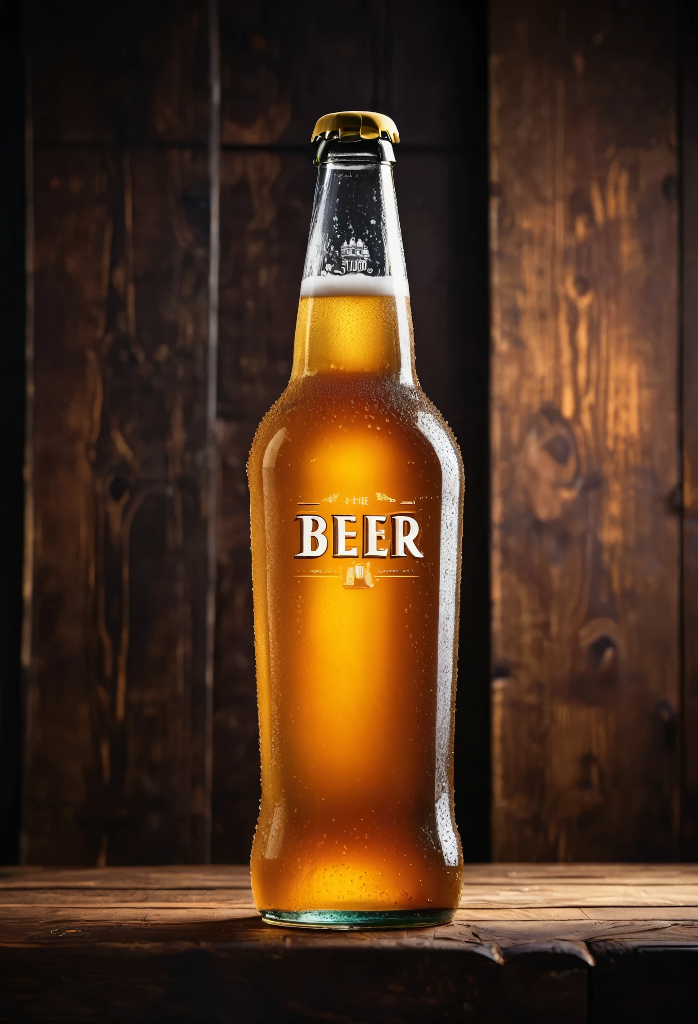 a detailed typography poster, beer, photorealistic, cinematic lighting, vibrant colors, high contrast, dramatic shadows, minimalist design, bold font, textured background, golden accents, glass bottles, frothy head, amber liquid, condensation, wooden surface, reflections, premium quality, professional studio